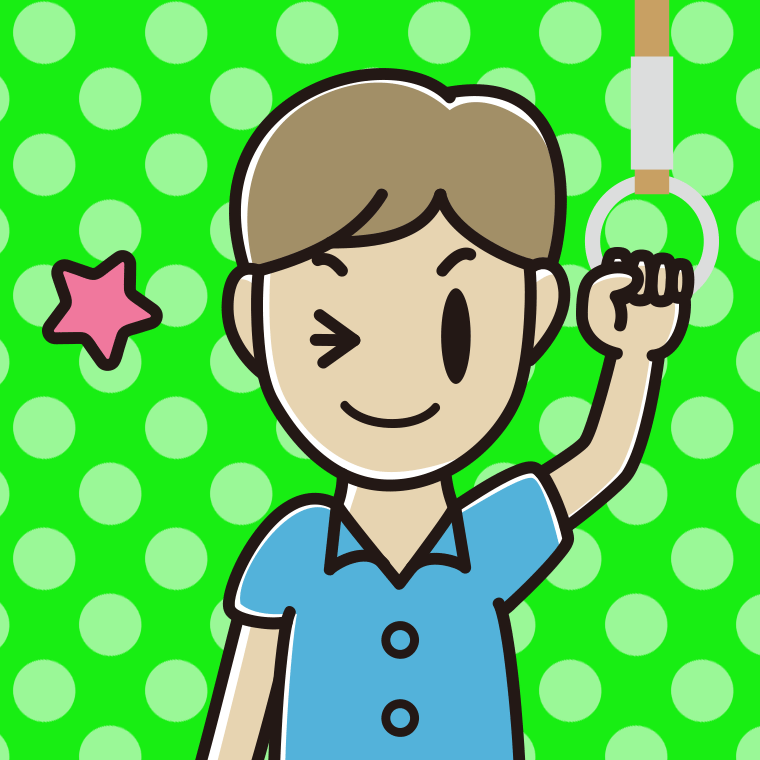 つり革につかまりウインクする男性会社員（クールビズ）のイラスト【色、背景あり】PNG