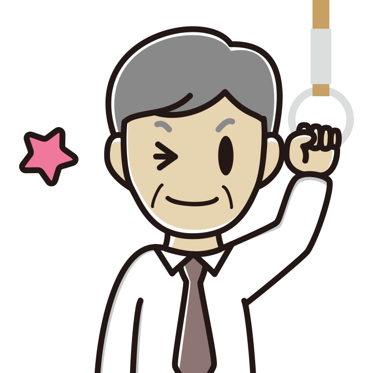 つり革につかまりウインクする年配男性会社員（ワイシャツ）のイラスト【色あり、背景なし】透過PNG