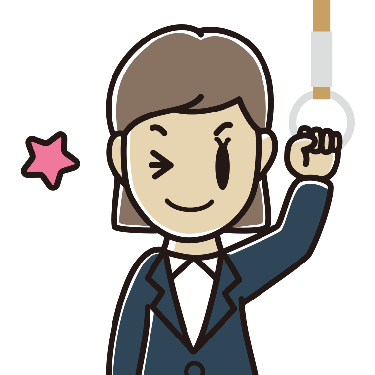つり革につかまりウインクする女性会社員のイラスト【色あり、背景なし】透過PNG