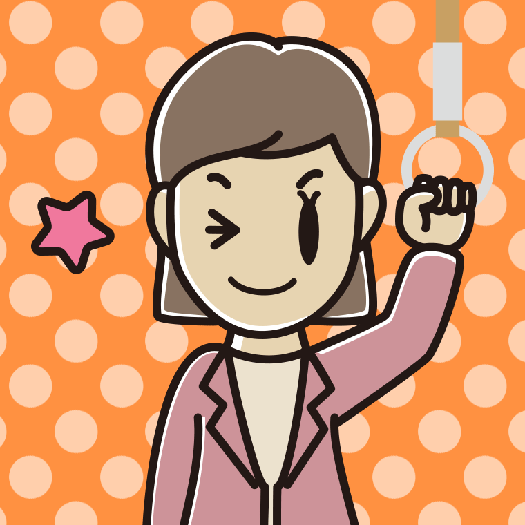 つり革につかまりウインクする女性会社員（カジュアル）のイラスト【色、背景あり】PNG