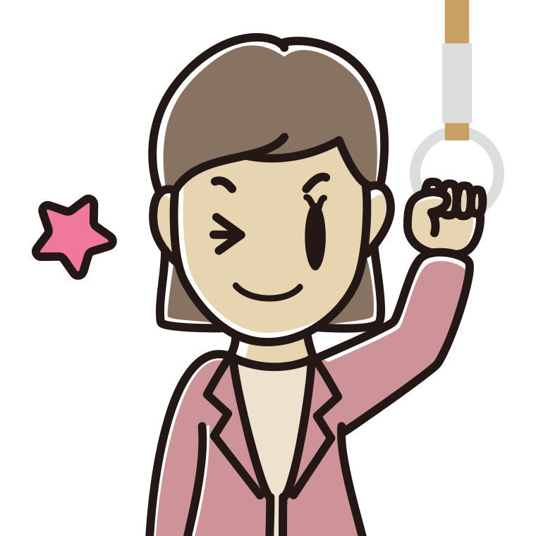 つり革につかまりウインクする女性会社員（カジュアル）のイラスト【色あり、背景なし】透過PNG