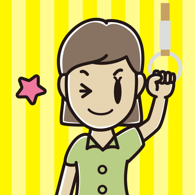 つり革につかまりウインクする女性会社員（クールビズ）のイラスト【色、背景あり】PNG
