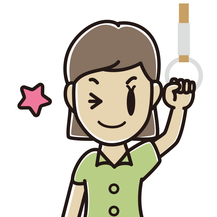 つり革につかまりウインクする女性会社員（クールビズ）のイラスト【色あり、背景なし】透過PNG
