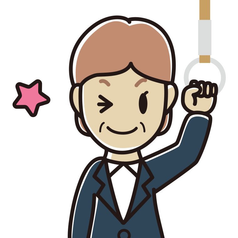 つり革につかまりウインクする年配女性会社員のイラスト【色あり、背景なし】透過PNG