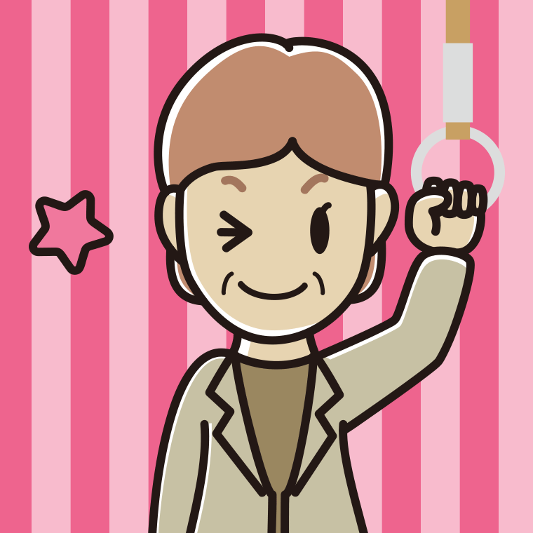 つり革につかまりウインクする年配女性会社員（カジュアル）のイラスト【色、背景あり】PNG
