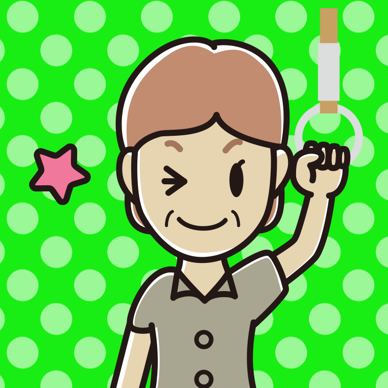 つり革につかまりウインクする年配女性会社員（クールビズ）のイラスト【色、背景あり】PNG