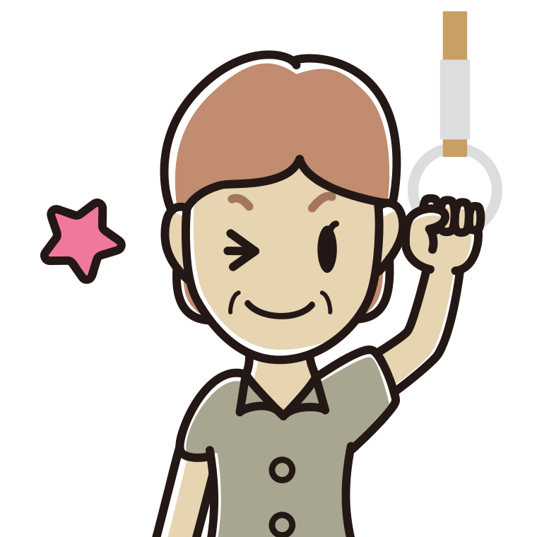 つり革につかまりウインクする年配女性会社員（クールビズ）のイラスト【色あり、背景なし】透過PNG