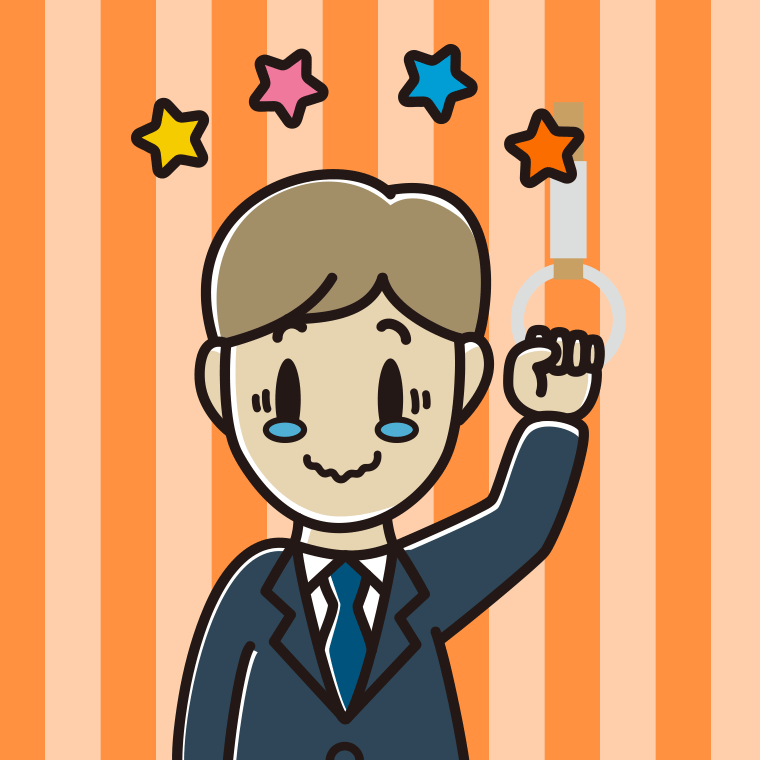 つり革につかまりジーンとする男性会社員のイラスト【色、背景あり】PNG