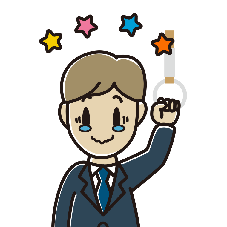 つり革につかまりジーンとする男性会社員のイラスト【色あり、背景なし】透過PNG
