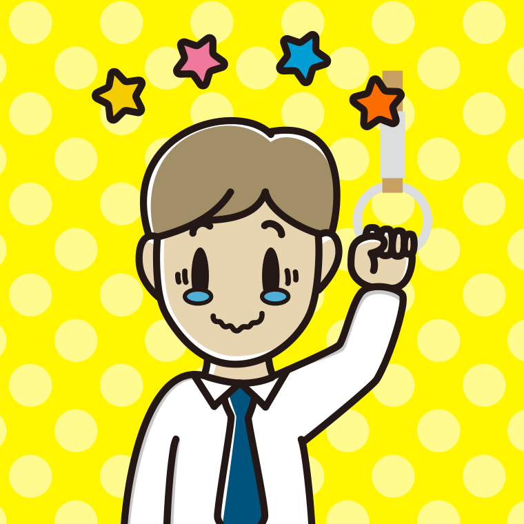 つり革につかまりジーンとする男性会社員（ワイシャツ）のイラスト【色、背景あり】PNG