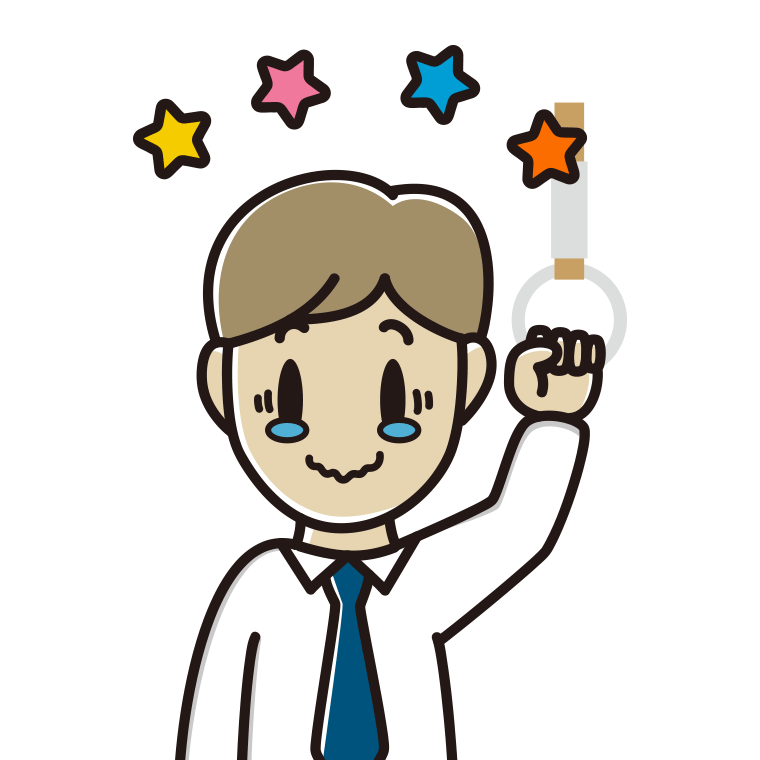 つり革につかまりジーンとする男性会社員（ワイシャツ）のイラスト【色あり、背景なし】透過PNG