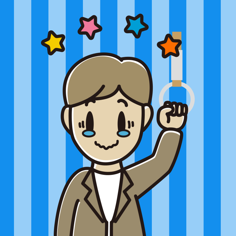 つり革につかまりジーンとする男性会社員（カジュアル）のイラスト【色、背景あり】PNG