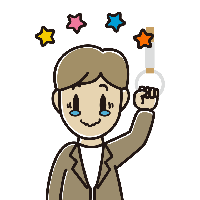 つり革につかまりジーンとする男性会社員（カジュアル）のイラスト【色あり、背景なし】透過PNG