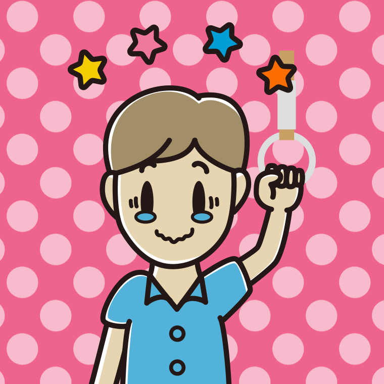 つり革につかまりジーンとする男性会社員（クールビズ）のイラスト【色、背景あり】PNG