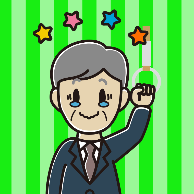 つり革につかまりジーンとする年配男性会社員のイラスト【色、背景あり】PNG