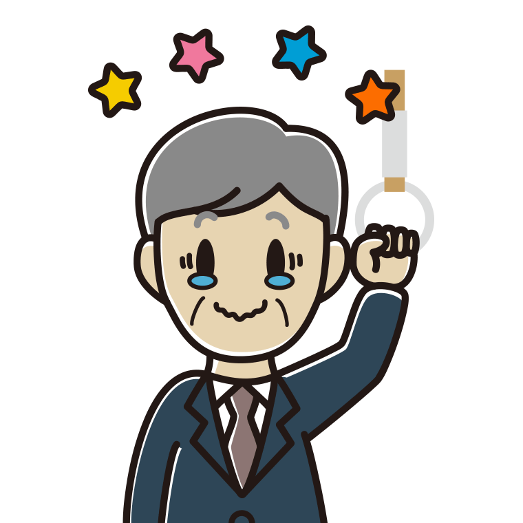 つり革につかまりジーンとする年配男性会社員のイラスト【色あり、背景なし】透過PNG