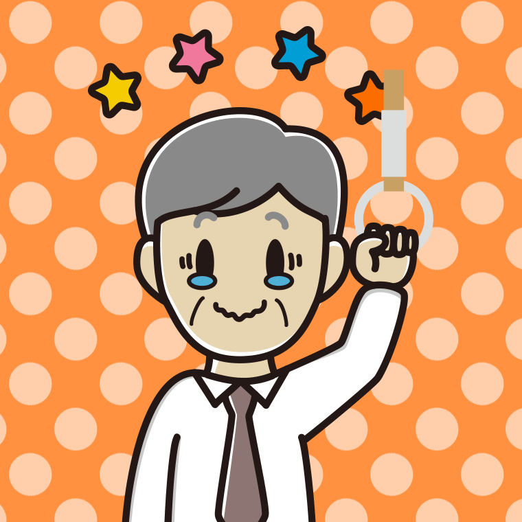 つり革につかまりジーンとする年配男性会社員（ワイシャツ）のイラスト【色、背景あり】PNG