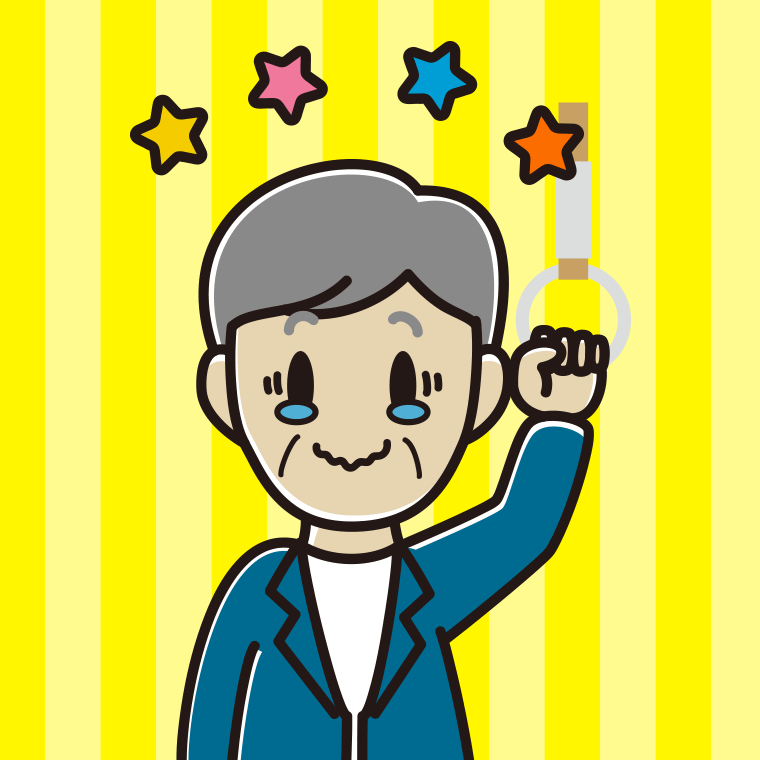 つり革につかまりジーンとする年配男性会社員（カジュアル）のイラスト【色、背景あり】PNG