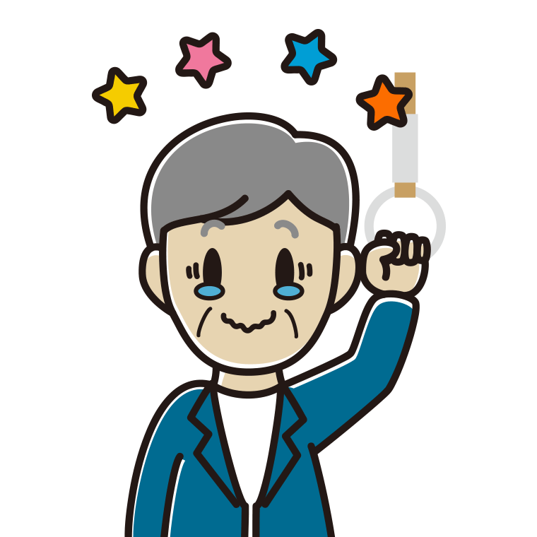 つり革につかまりジーンとする年配男性会社員（カジュアル）のイラスト【色あり、背景なし】透過PNG