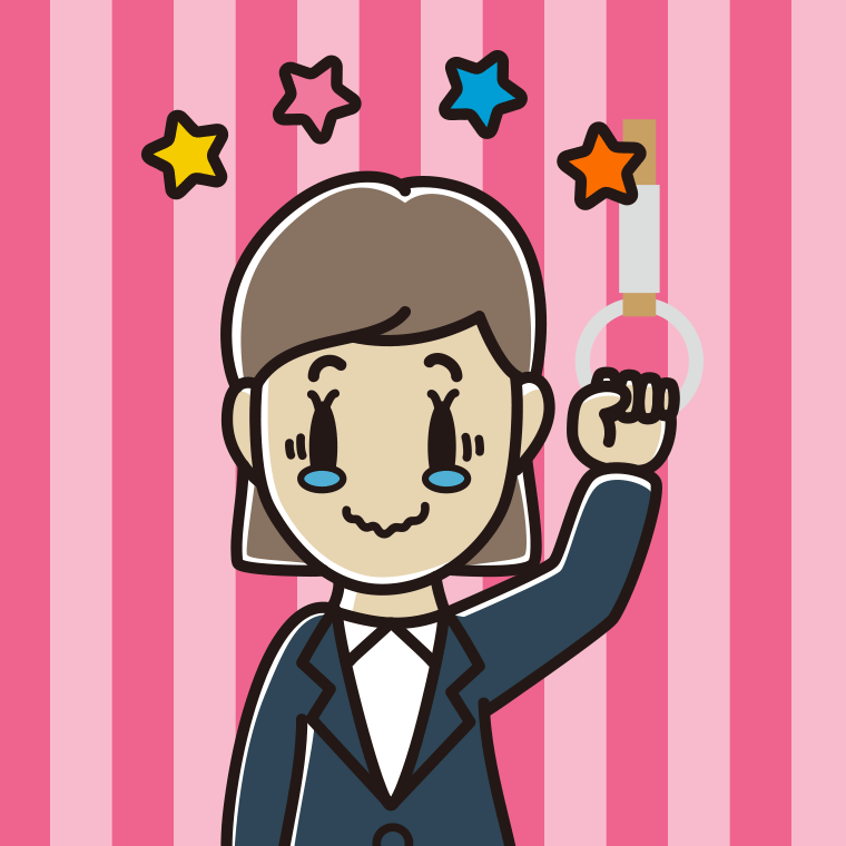 つり革につかまりジーンとする女性会社員のイラスト【色、背景あり】PNG