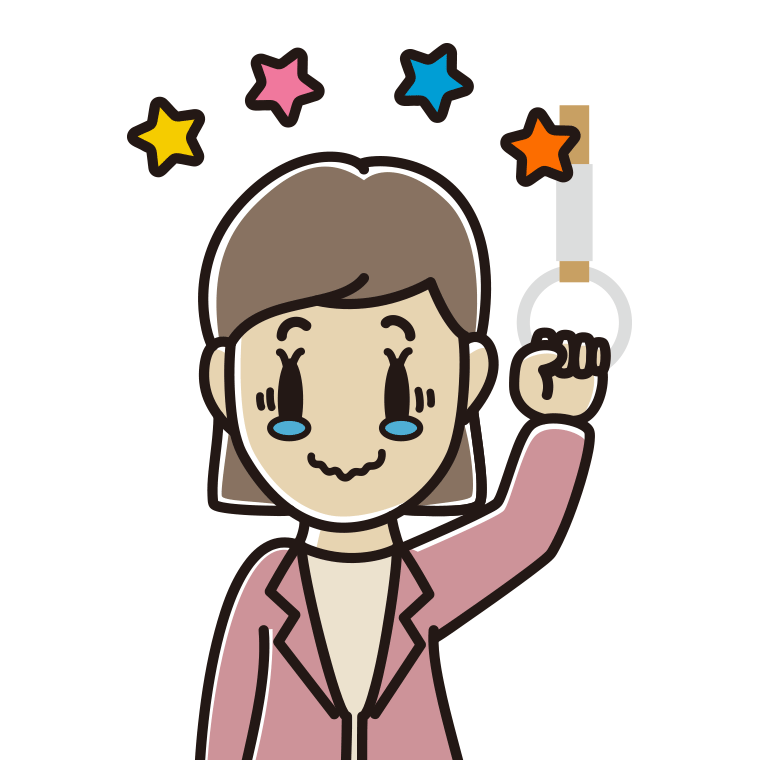 つり革につかまりジーンとする女性会社員（カジュアル）のイラスト【色あり、背景なし】透過PNG