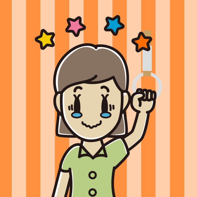 つり革につかまりジーンとする女性会社員（クールビズ）のイラスト【色、背景あり】PNG