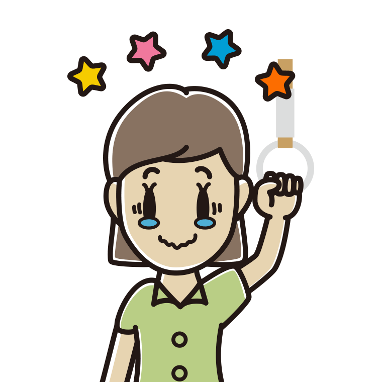 つり革につかまりジーンとする女性会社員（クールビズ）のイラスト【色あり、背景なし】透過PNG