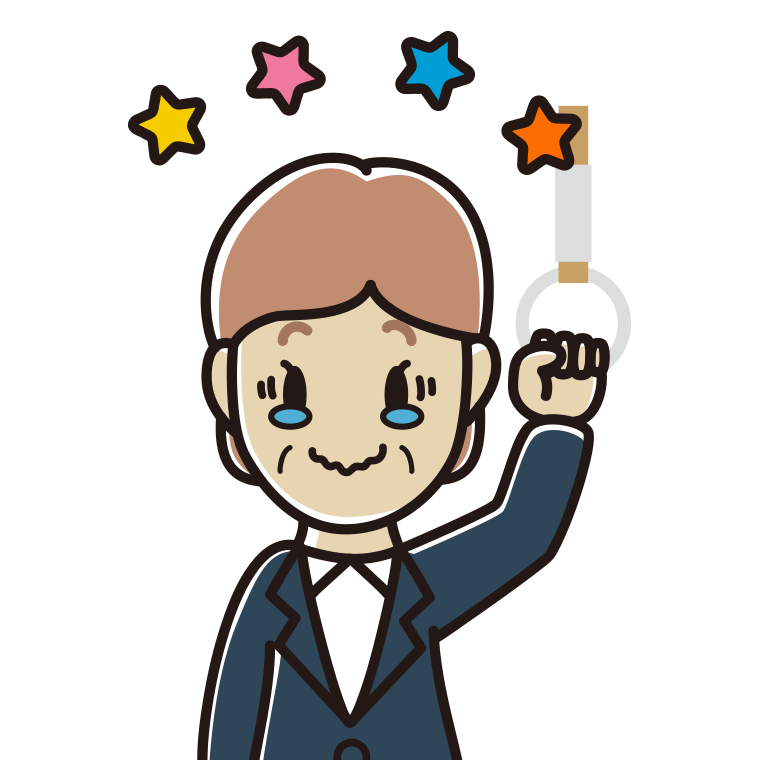 つり革につかまりジーンとする年配女性会社員のイラスト【色あり、背景なし】透過PNG