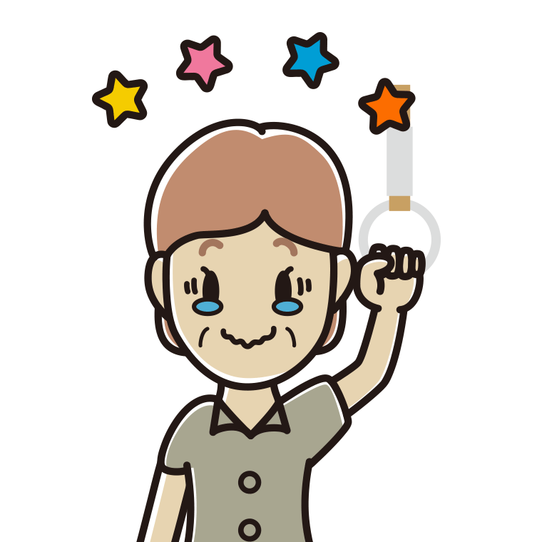 つり革につかまりジーンとする年配女性会社員（クールビズ）のイラスト【色あり、背景なし】透過PNG