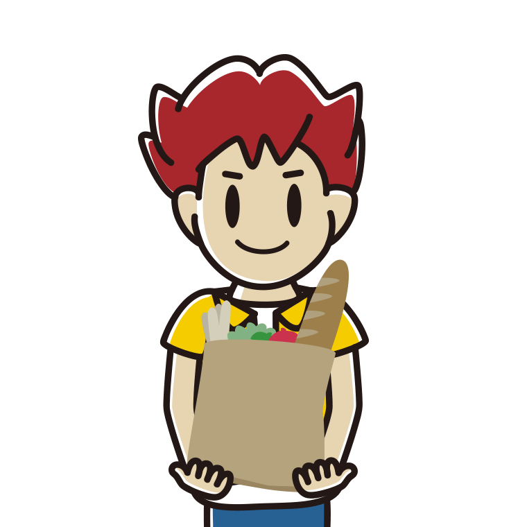 買い物袋を持つ男子大学生のイラスト【色あり、背景なし】透過PNG