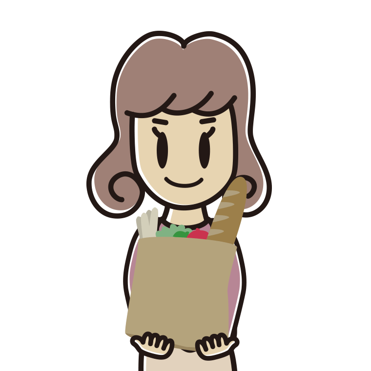買い物袋を持つ女子大学生のイラスト【色あり、背景なし】透過PNG