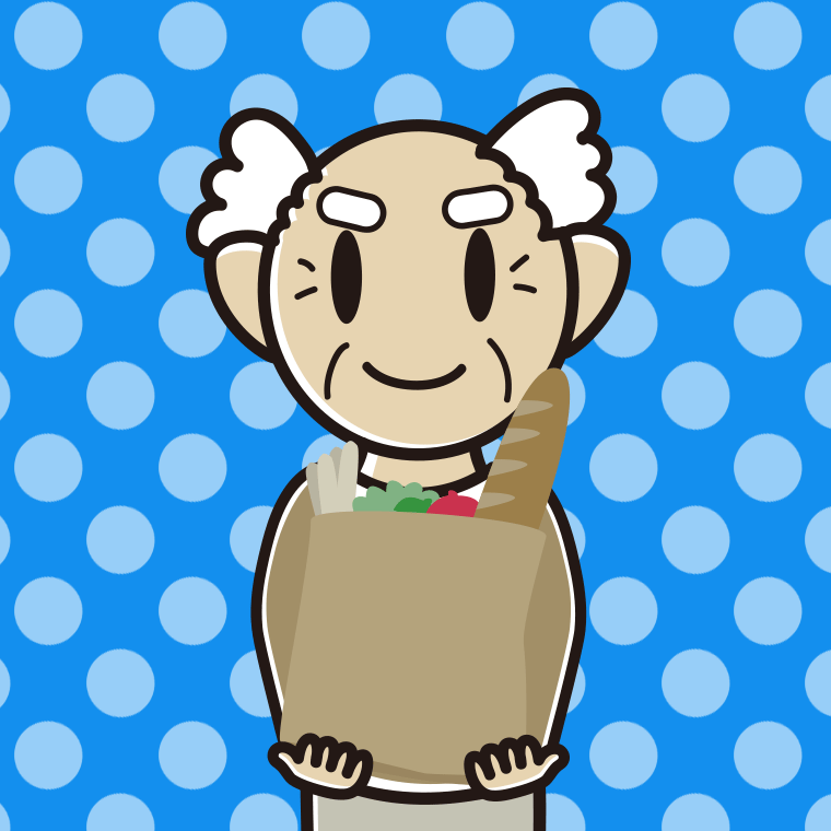 買い物袋を持つおじいさんのイラスト【色、背景あり】PNG