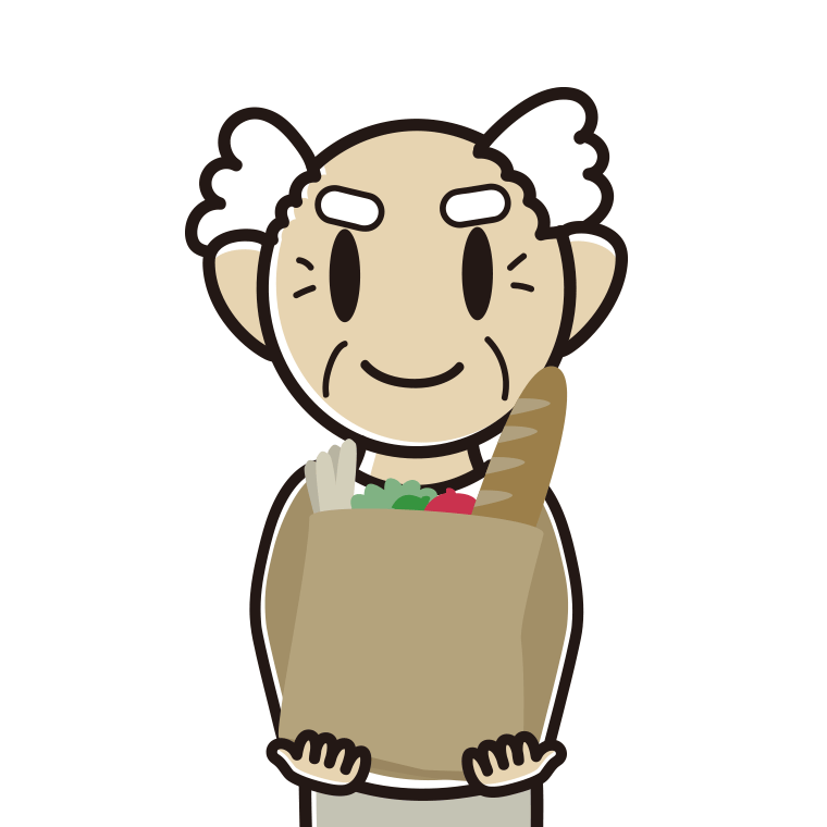 買い物袋を持つおじいさんのイラスト【色あり、背景なし】透過PNG