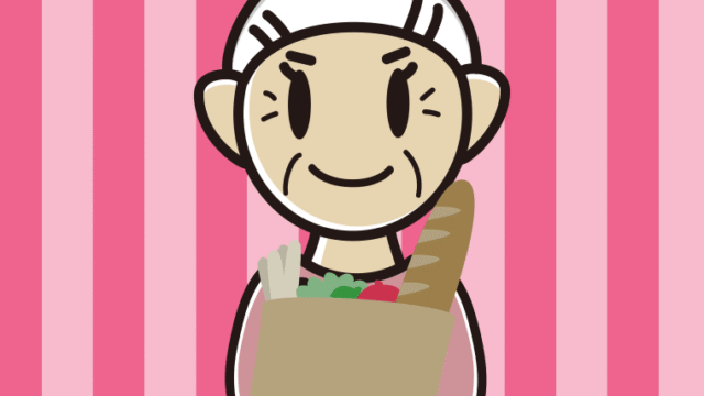 買い物袋を持つおばあさんのイラスト【色、背景あり】PNG