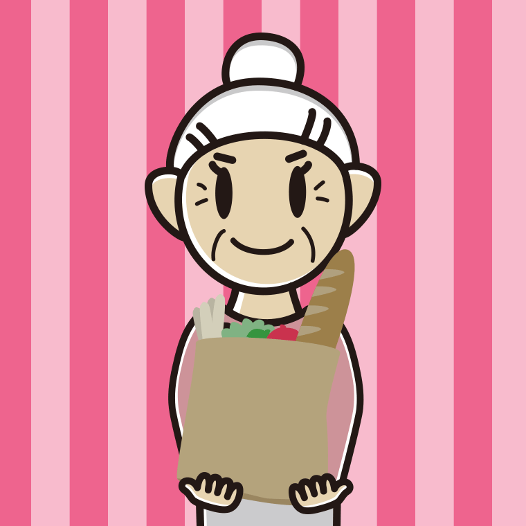 買い物袋を持つおばあさんのイラスト【色、背景あり】PNG