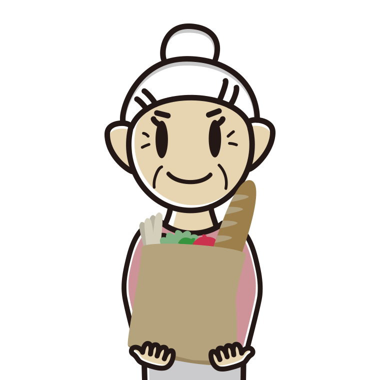 買い物袋を持つおばあさんのイラスト【色あり、背景なし】透過PNG