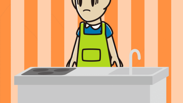 キッチンで困る男性のイラスト【色、背景あり】PNG