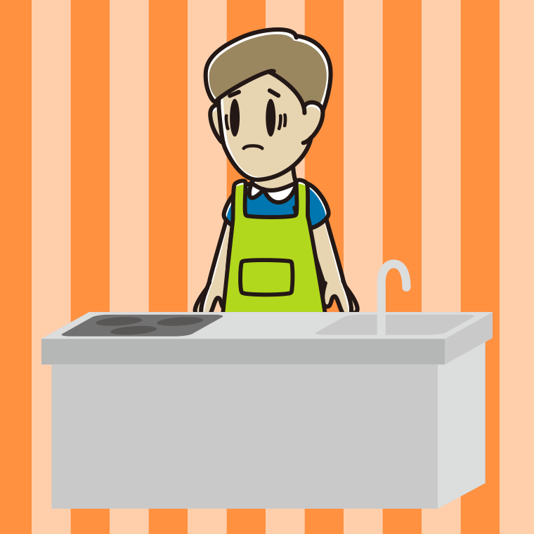 キッチンで困る男性のイラスト【色、背景あり】PNG