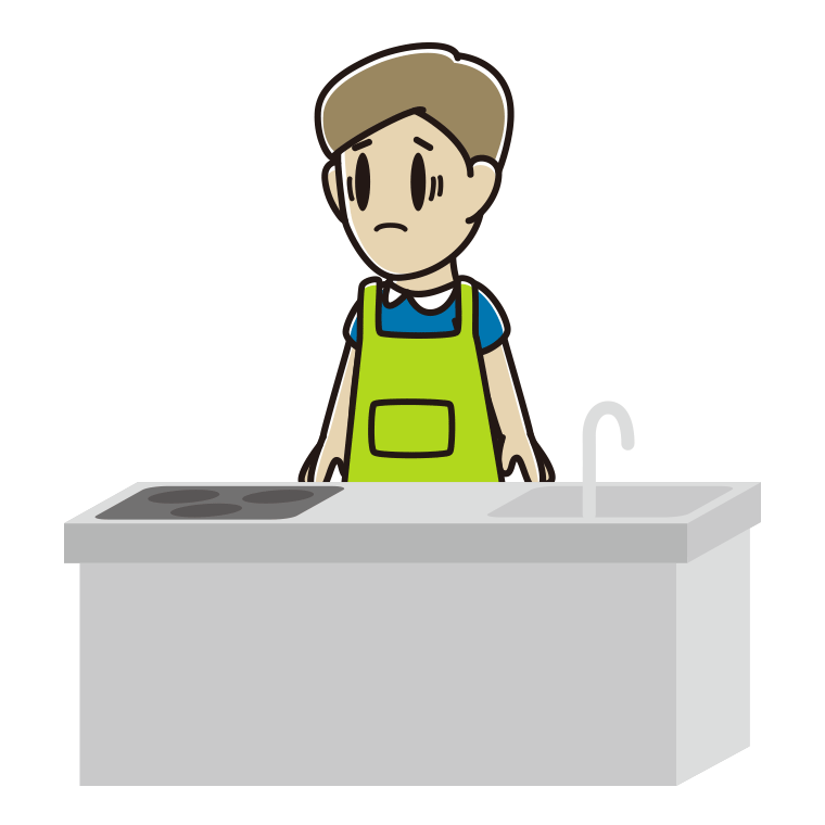 キッチンで困る男性のイラスト【色あり、背景なし】透過PNG