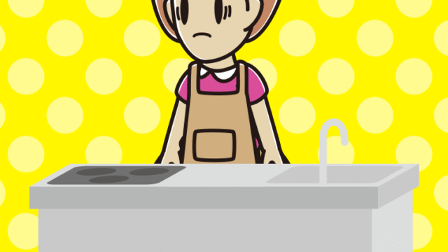 キッチンで困る女性のイラスト【色、背景あり】PNG