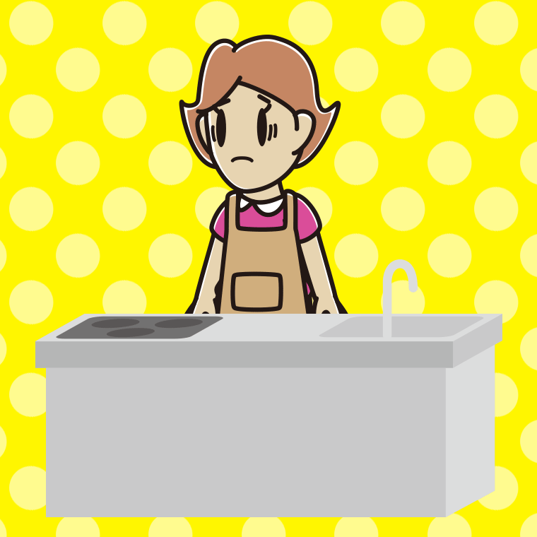 キッチンで困る女性のイラスト【色、背景あり】PNG