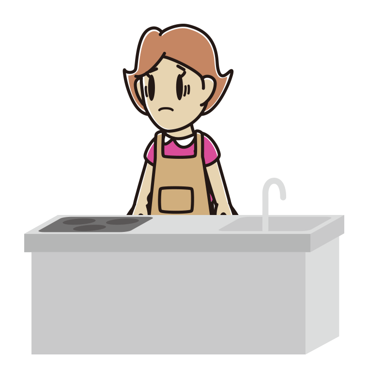 キッチンで困る女性のイラスト【色あり、背景なし】透過PNG