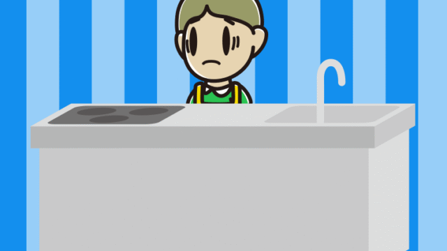 キッチンで困る小学生男子のイラスト【色、背景あり】PNG