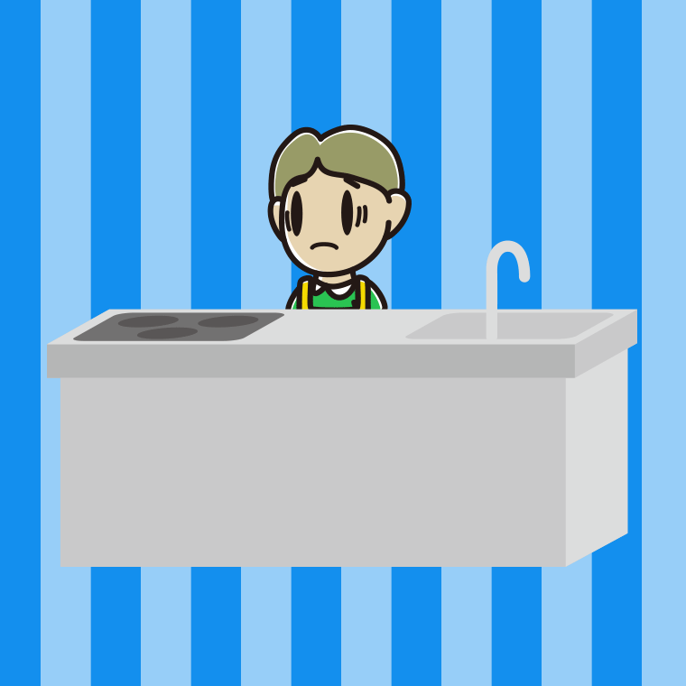 キッチンで困る小学生男子のイラスト【色、背景あり】PNG
