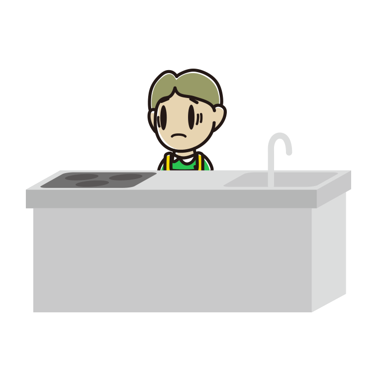 キッチンで困る小学生男子のイラスト【色あり、背景なし】透過PNG