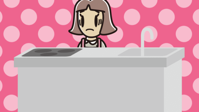 キッチンで困る小学生女子のイラスト【色、背景あり】PNG