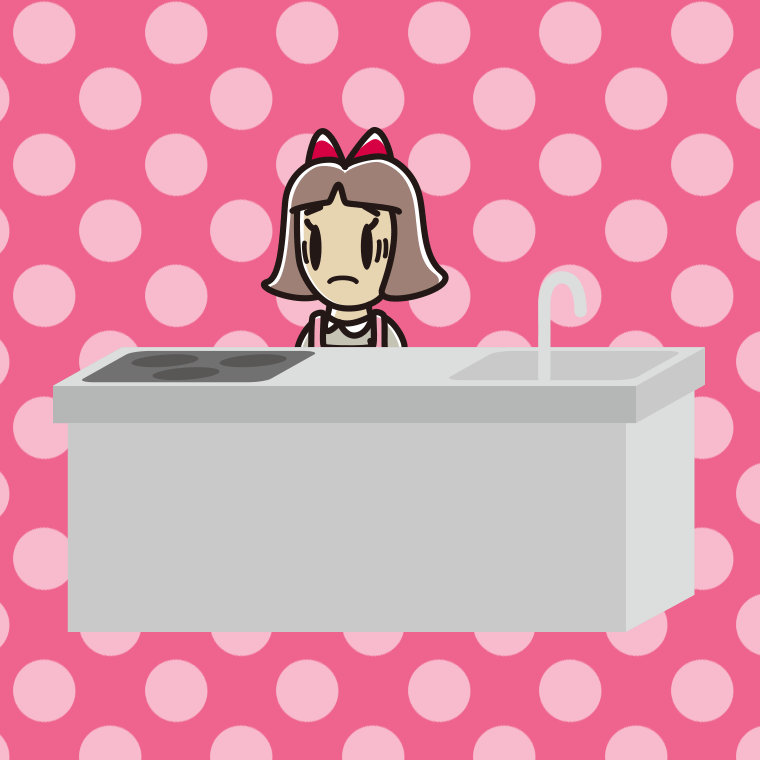 キッチンで困る小学生女子のイラスト【色、背景あり】PNG
