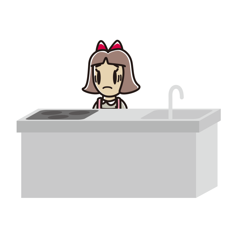 キッチンで困る小学生女子のイラスト【色あり、背景なし】透過PNG