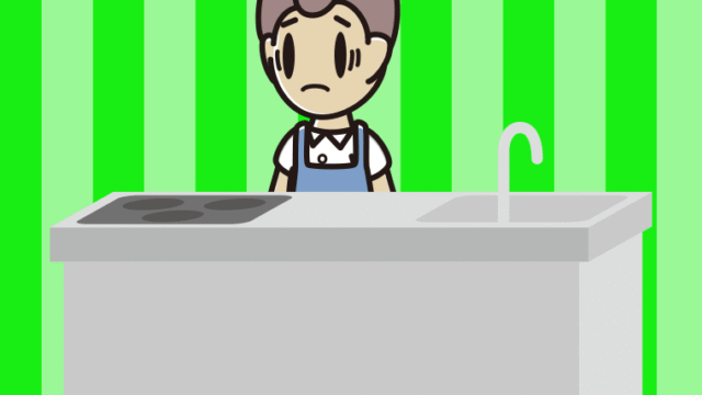 キッチンで困る男子中学生のイラスト【色、背景あり】PNG