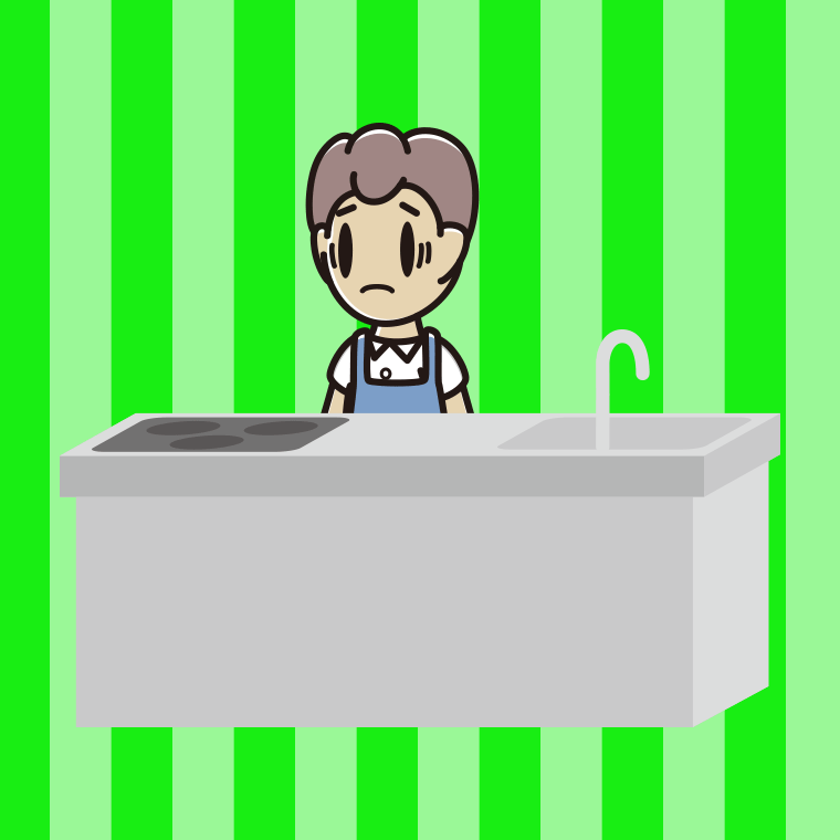 キッチンで困る男子中学生のイラスト【色、背景あり】PNG